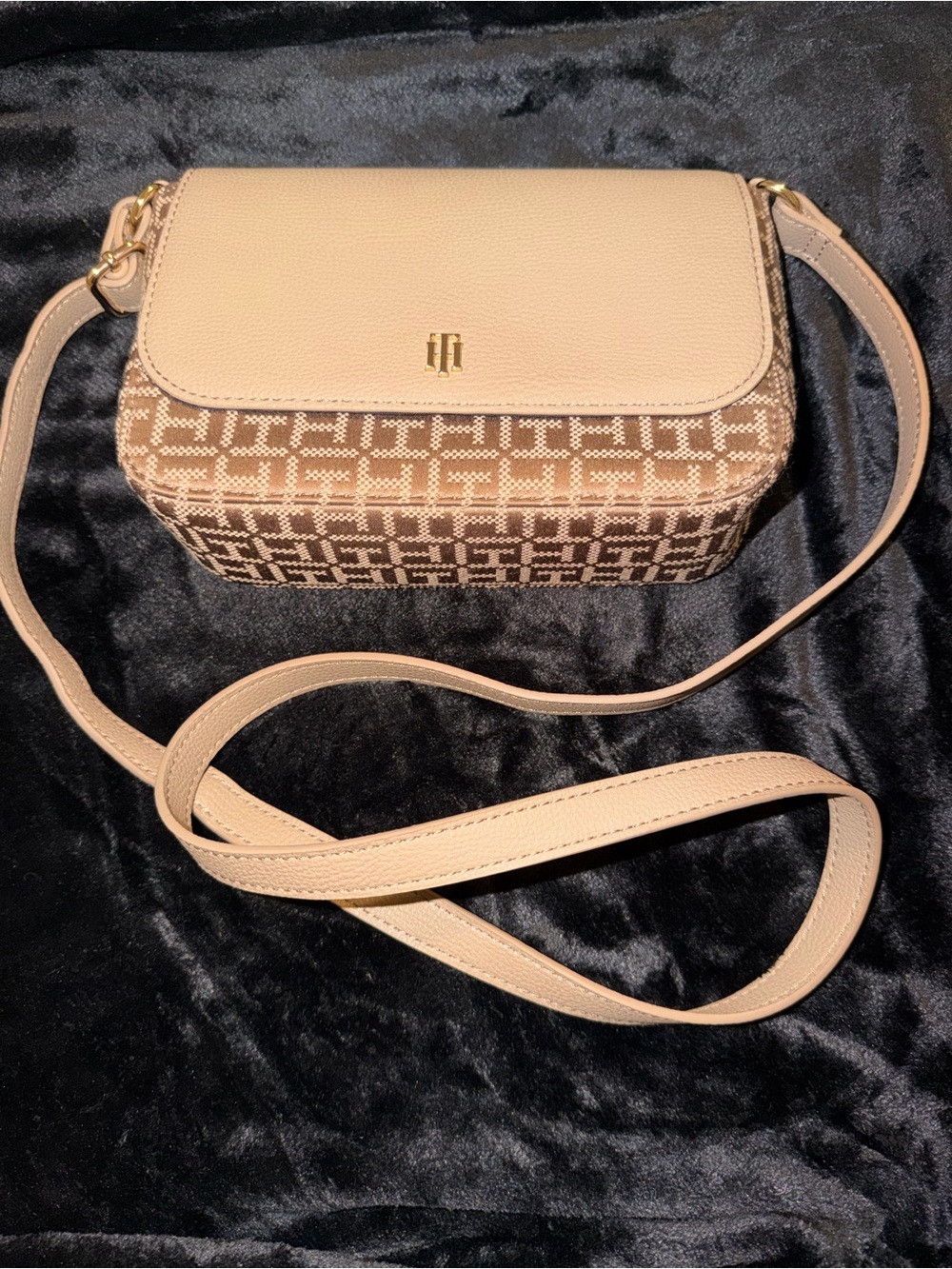 Tommy Hilfiger Beige Logo Jacquard Crossbody Bag